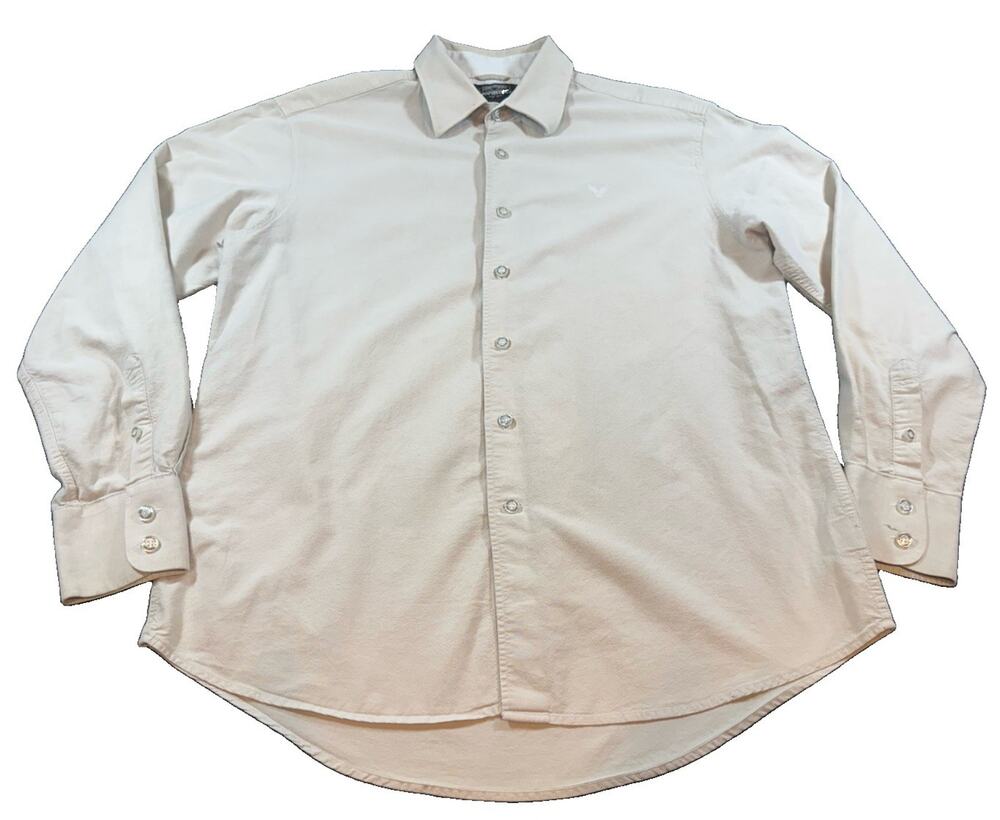 Avirex Men’s Large Beige 100% Cotton Long Sleeve Button Up Shirt Embroidered